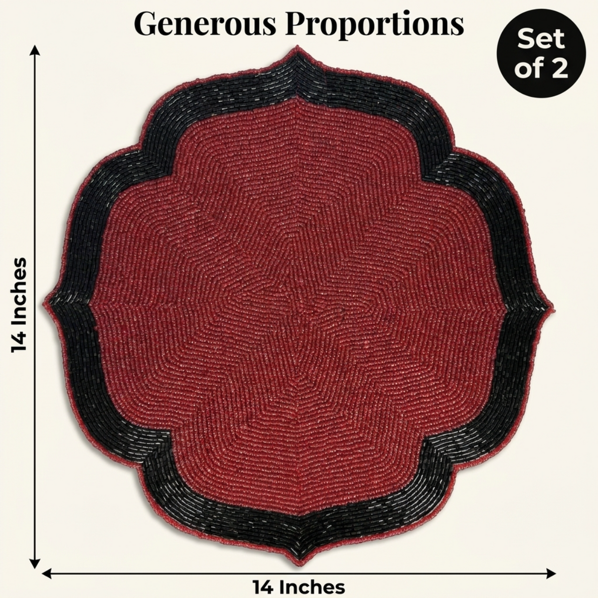 Beaded Placemats – Handmade Red Black Dining Table Mats, 14 Inch Heat Resistant