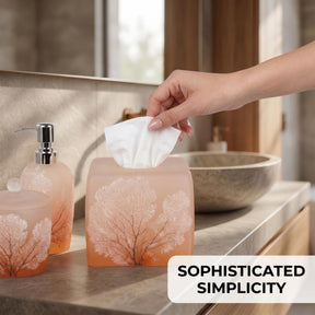 Set of six modern bathroom décor accessories from The Carruthers Collection by AH7005, including soap dispenser, toothbrush holder, and more.