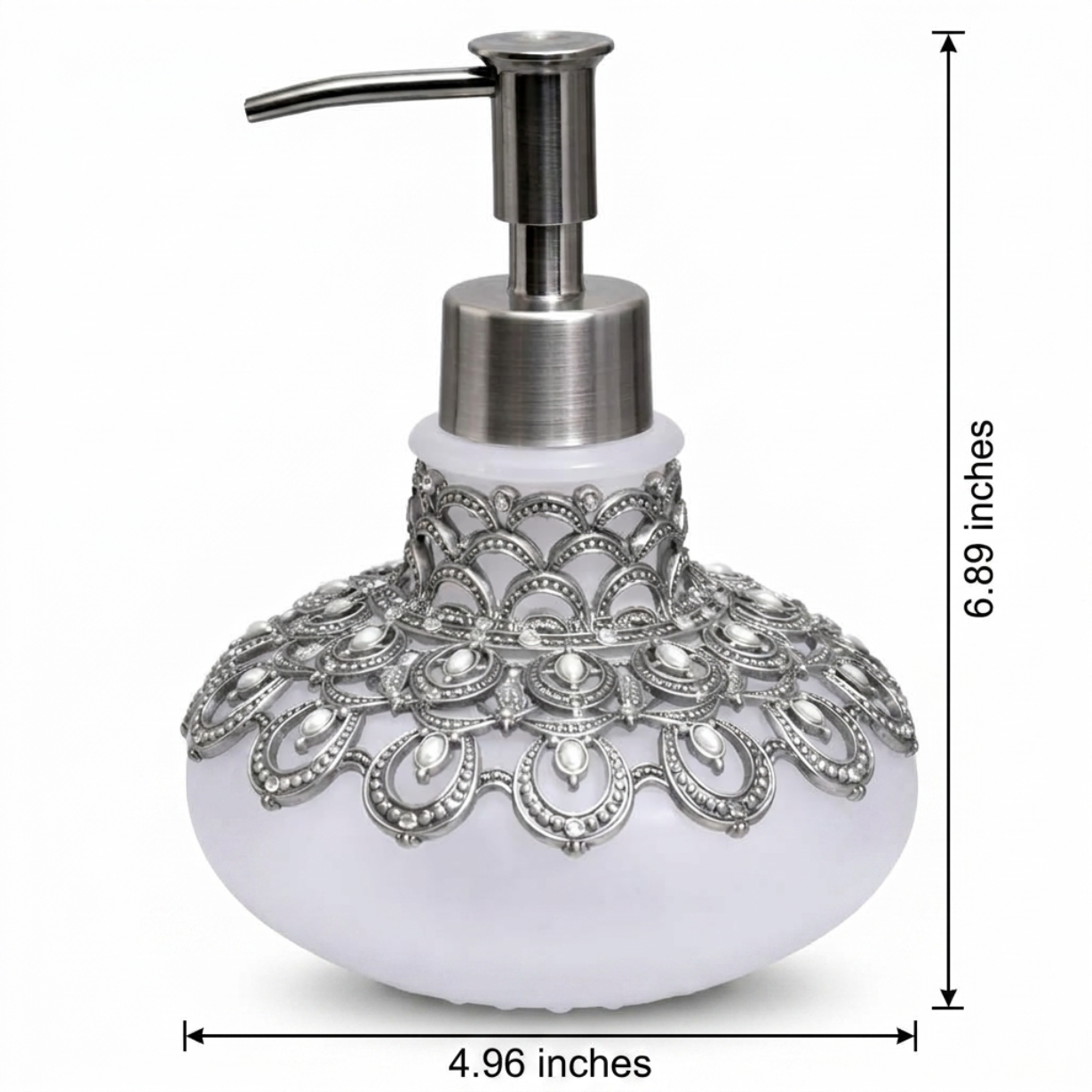 Soap Dispenser – Frosted Glass Bathroom Accessory with Pewter Pump & Rhinestone Details
