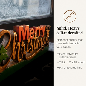 Handmade Wooden Sculpture – Merry Christmas Decoration | Solid Acacia Wood Sign