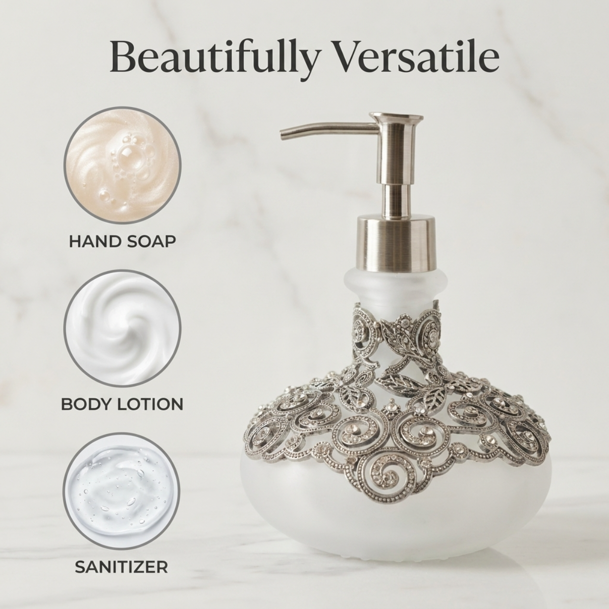 Soap Dispenser - Elegant Frosted Glass Bathroom Lotion Pump Bottle with Rhinestones