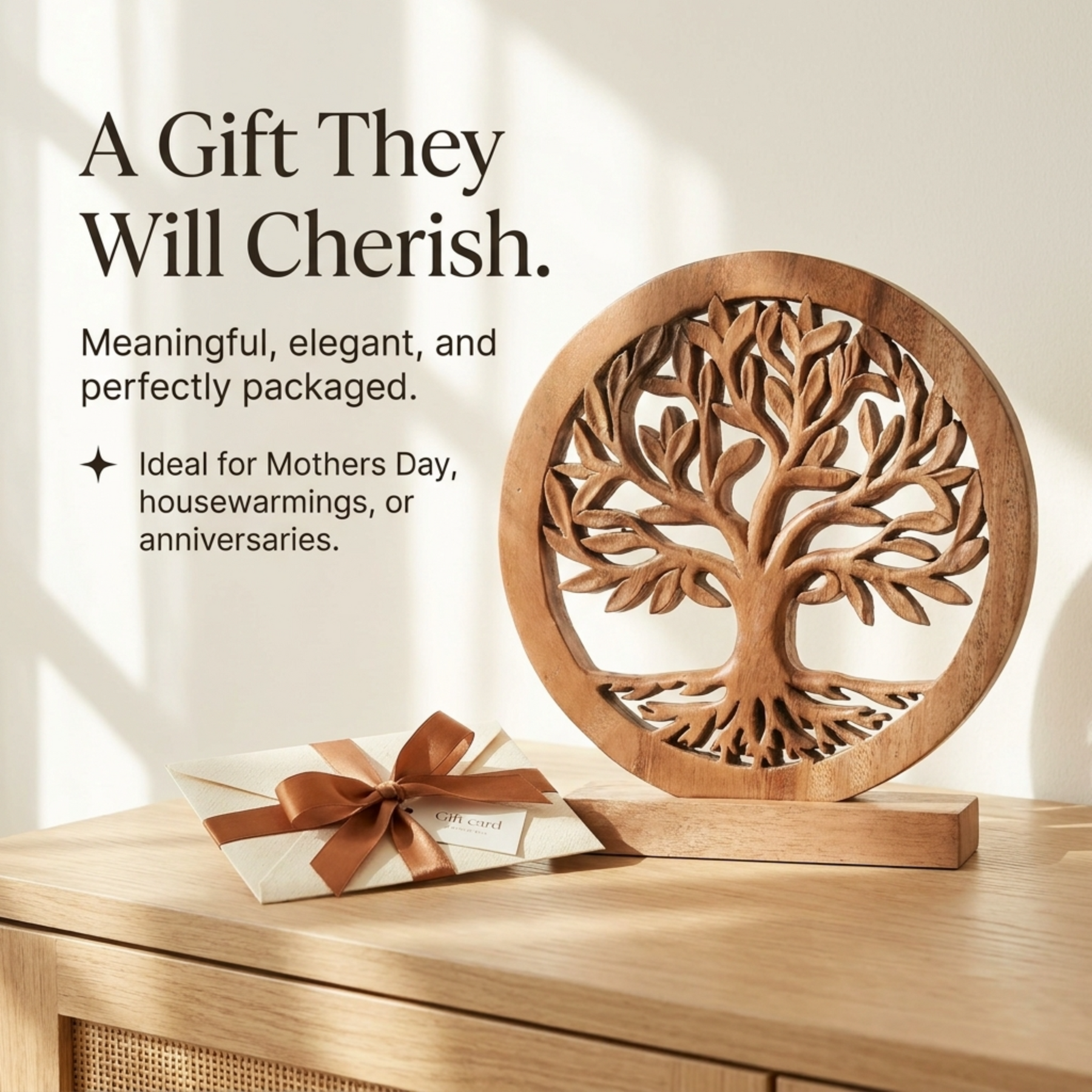 Medium Cloverly Tree of Life wooden sculpture by Decozen Luxe, handmade decorative wooden décor for home or gift.