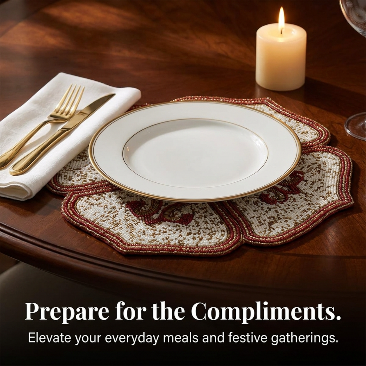 Beaded Placemats – Handmade Gold Red White Table Decor Mats, 15 Inch Satin Backing
