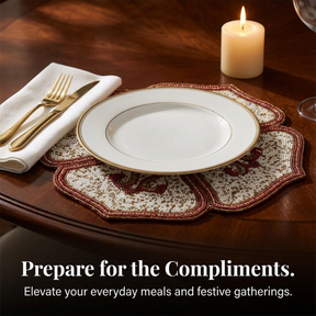Beaded Placemats – Handmade Gold Red White Table Decor Mats, 15 Inch Satin Backing