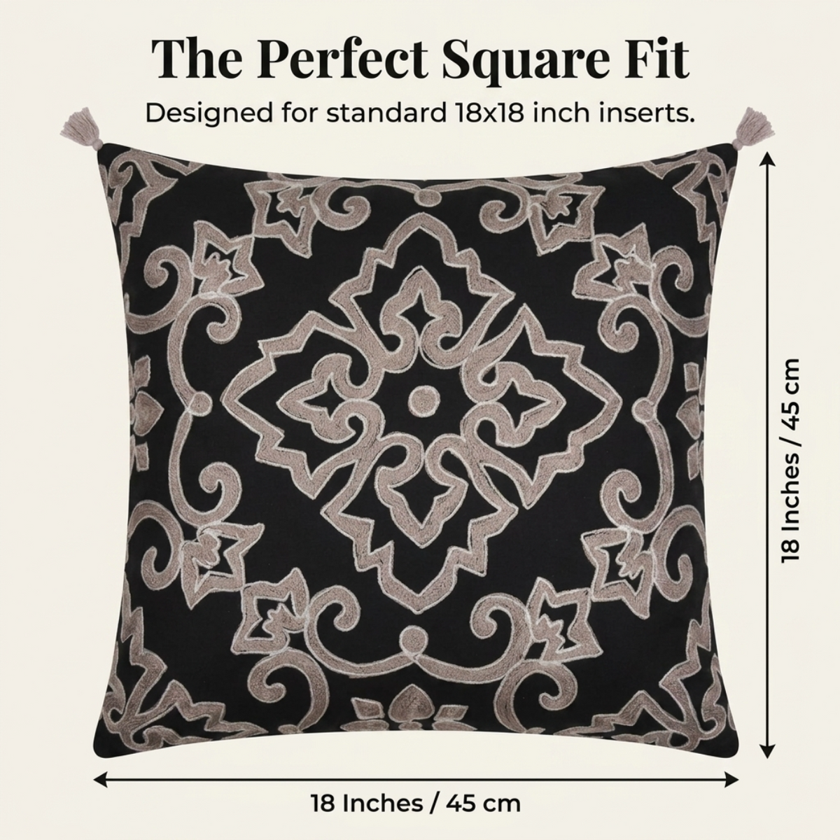 Throw Pillow Covers - Black Beige Embroidered Linen Cushion Set, 18x18 Inches