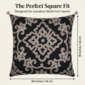 Throw Pillow Covers - Black Beige Embroidered Linen Cushion Set, 18x18 Inches