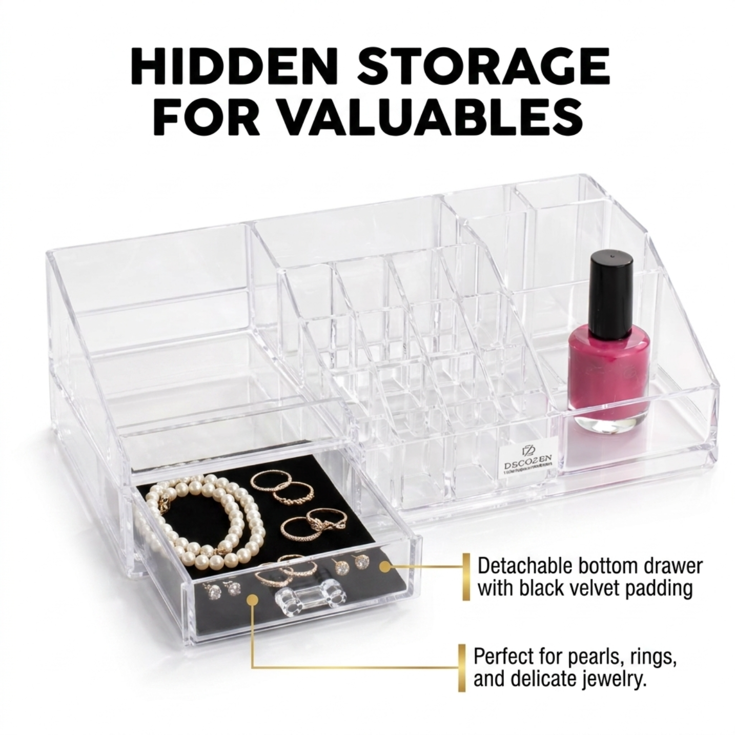 Clear Makeup Organizer - Acrylic Cosmetic Storage Box with 19 Slots & Drawer
