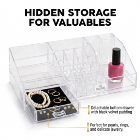 Clear Makeup Organizer - Acrylic Cosmetic Storage Box with 19 Slots & Drawer