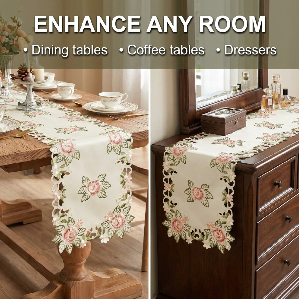 European Embroidery Table Runner – Cream Vintage Linen for Dining Table Decor