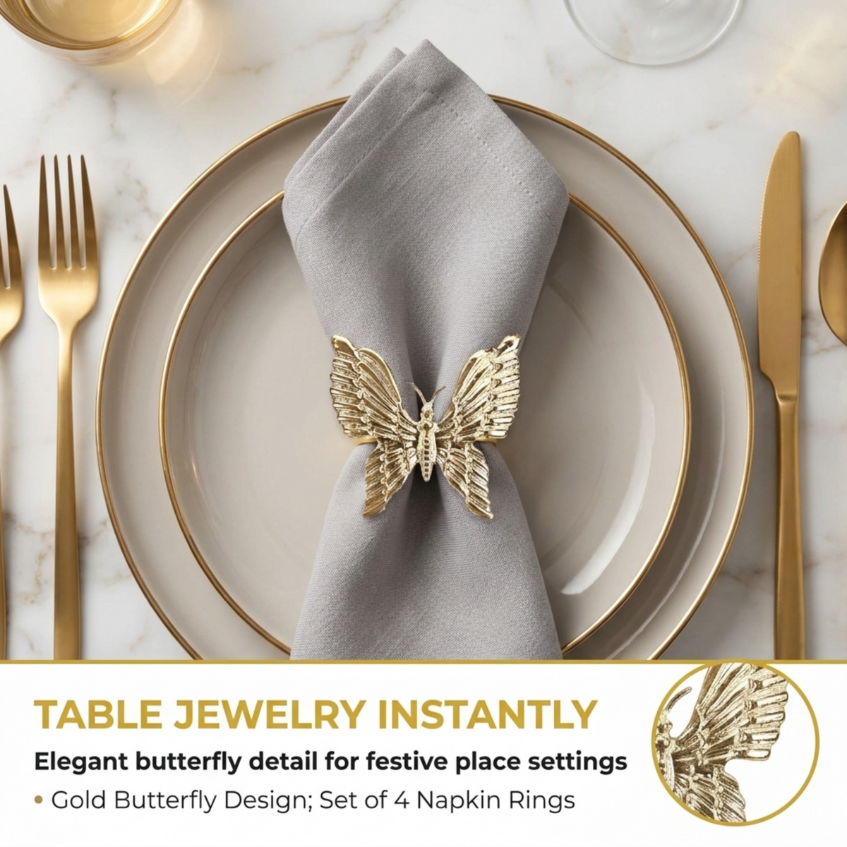 Golden Flutter butterfly-shaped napkin rings by ZWZ-19-087, elegant gold decorative dining table accessories