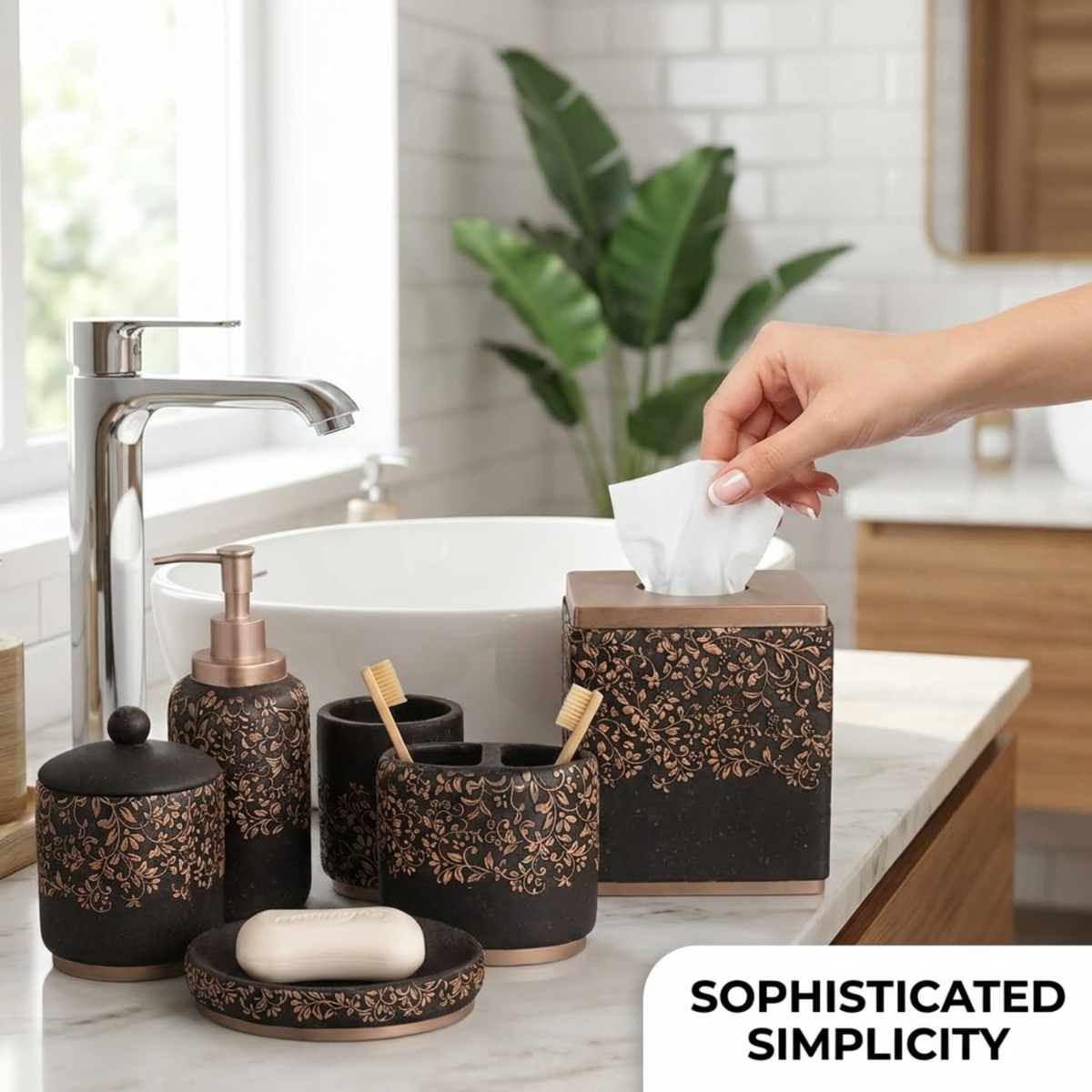 Elegant modern bathroom decor accessories set of 6 from the Stella Collection, featuring sleek design and stylish bath accessories.