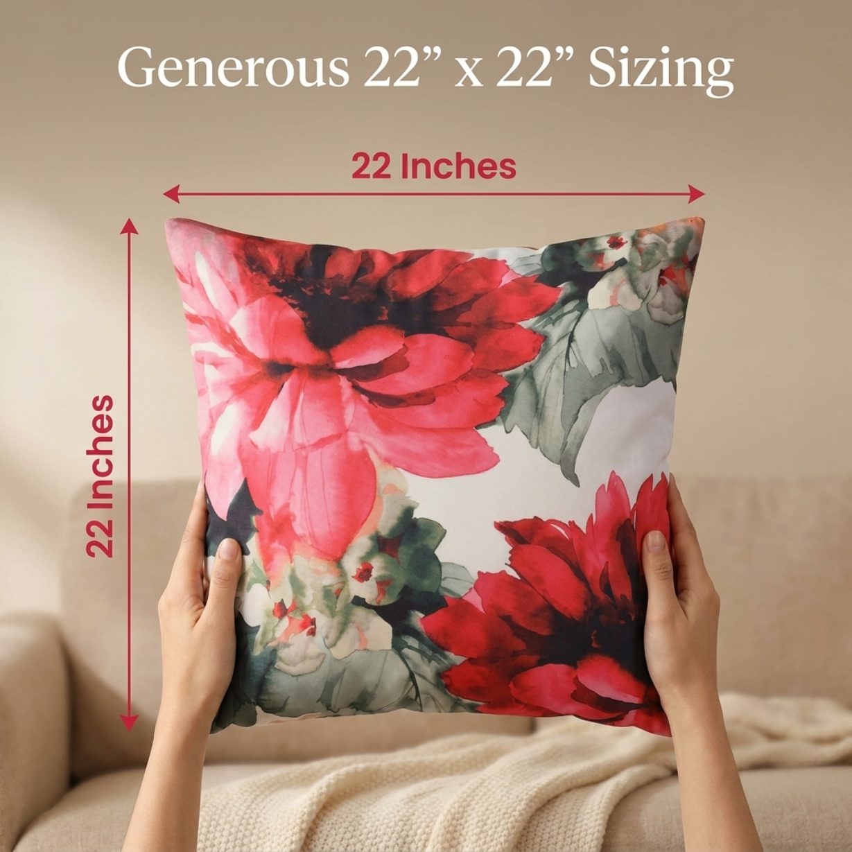 Floral Throw Pillow Cover - Set of 4 Decorative 22x22 Inch Cushion Covers