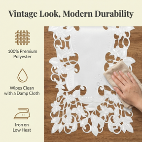European Embroidered Table Runner – White Rustic Linen Decor 14x108 Inches