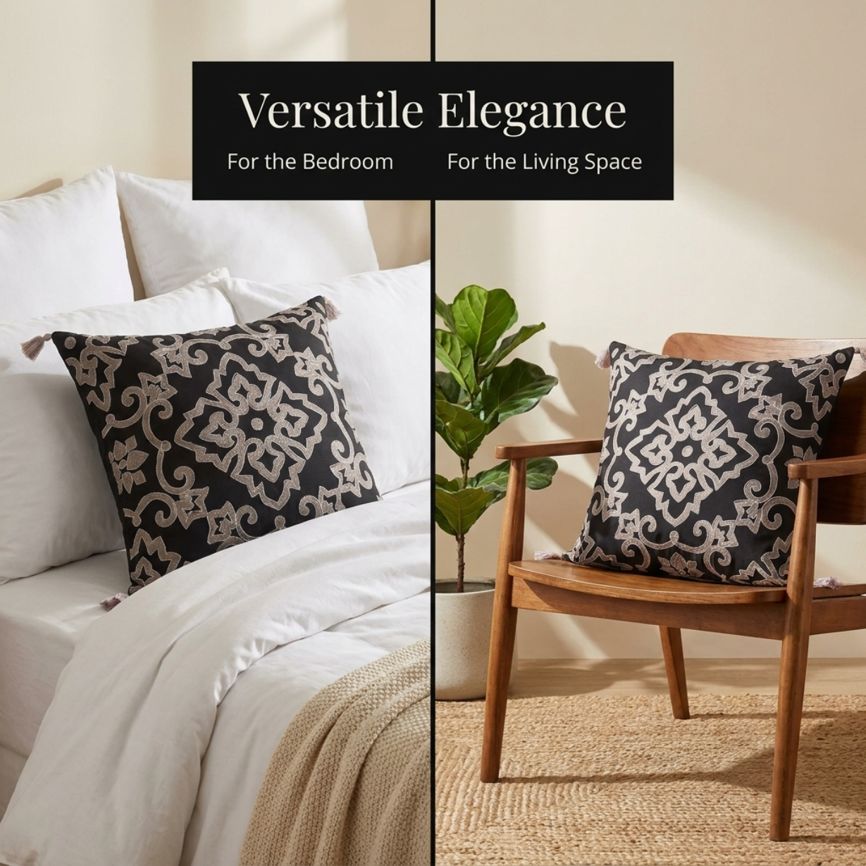 Throw Pillow Covers - Embroidered Black Beige Linen Cushion Cover Sets 18x18 Inches