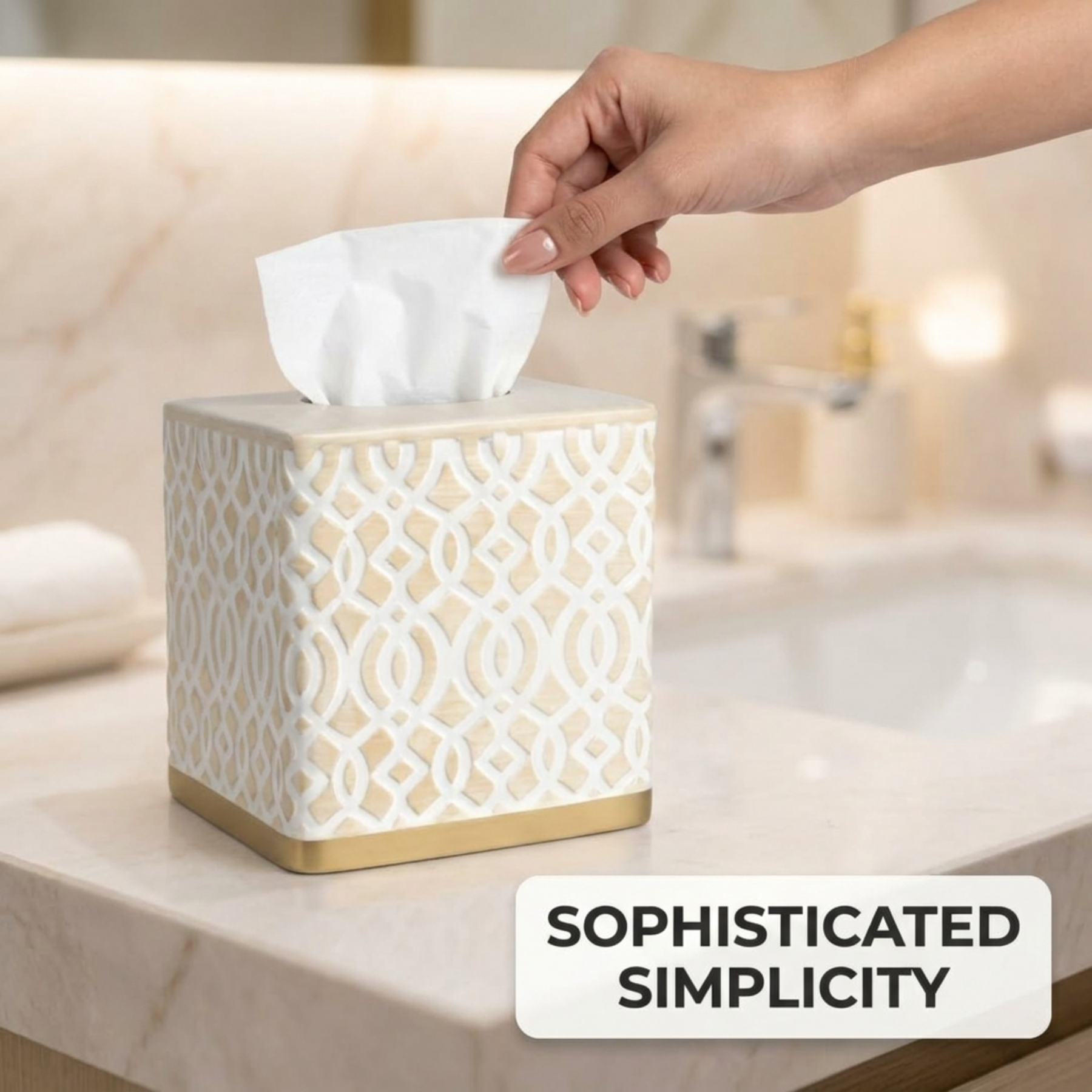 Set of six elegant modern bathroom décor accessories from HG626 Solana Collection, including soap dispensers and trays.