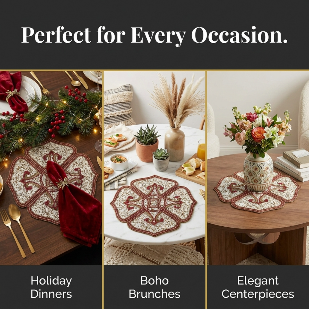 Beaded Placemats – Handmade Gold Red White Table Decor Mats, 15 Inch Satin Backing
