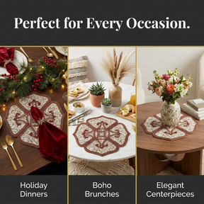 Beaded Placemats – Handmade Gold Red White Table Decor Mats, 15 Inch Satin Backing