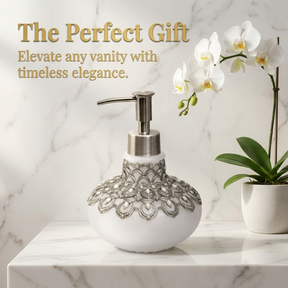 Soap Dispenser – Frosted Glass Bathroom Accessory with Pewter Pump & Rhinestone Details