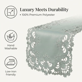 European Embroidery Table Runner – Gray Rustic Linen for Indoor Outdoor Use