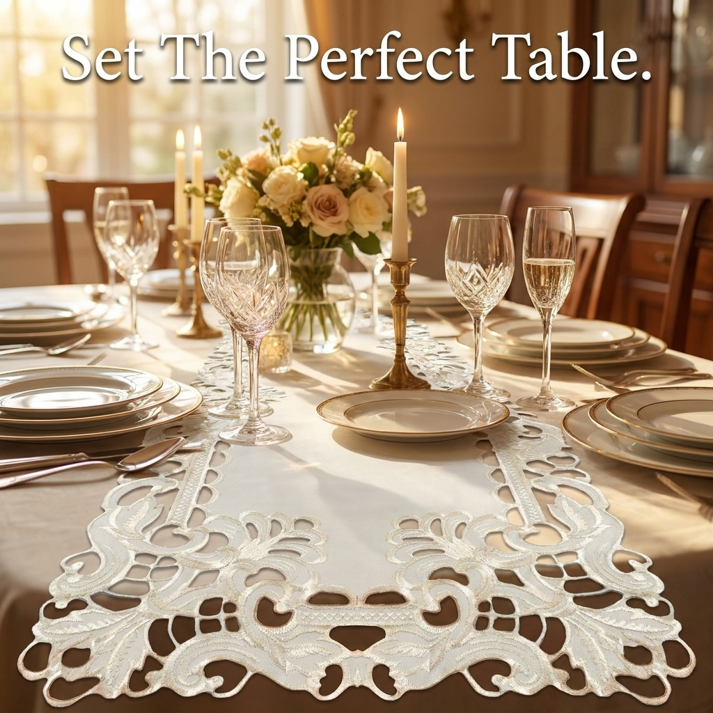 Light Beige Table Runner with European Embroidery – Rustic Vintage Decor