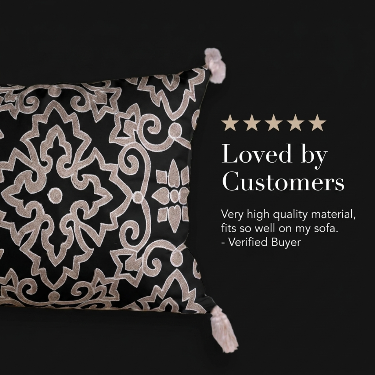 Throw Pillow Covers - Embroidered Black Beige Linen Cushion Cover Sets 18x18 Inches