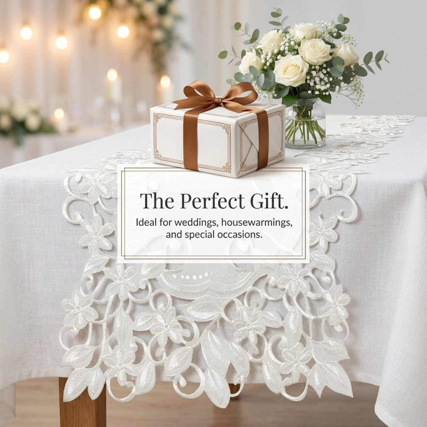 European Embroidered Table Runner – White Rustic Linen Decor 14x108 Inches