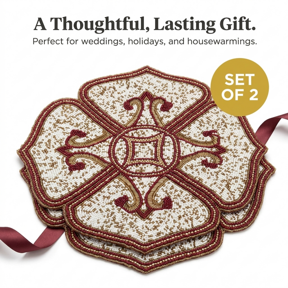 Beaded Placemats – Handmade Gold Red White Table Decor Mats, 15 Inch Satin Backing