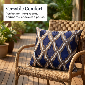 Navy Blue Throw Pillow | Embroidered Linen Cushion Cover 14 x 20 Inches
