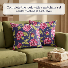 Floral Throw Pillow Covers - 20x20 Inch Dark Blue Decorative Cushion Covers