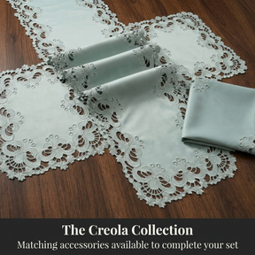 European Embroidery Table Runner – Gray Rustic Linen for Indoor Outdoor Use