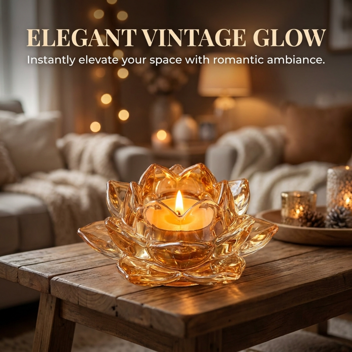 Floral Glass Candle Holder – Elegant Tea Light Holder with Gold Round Base