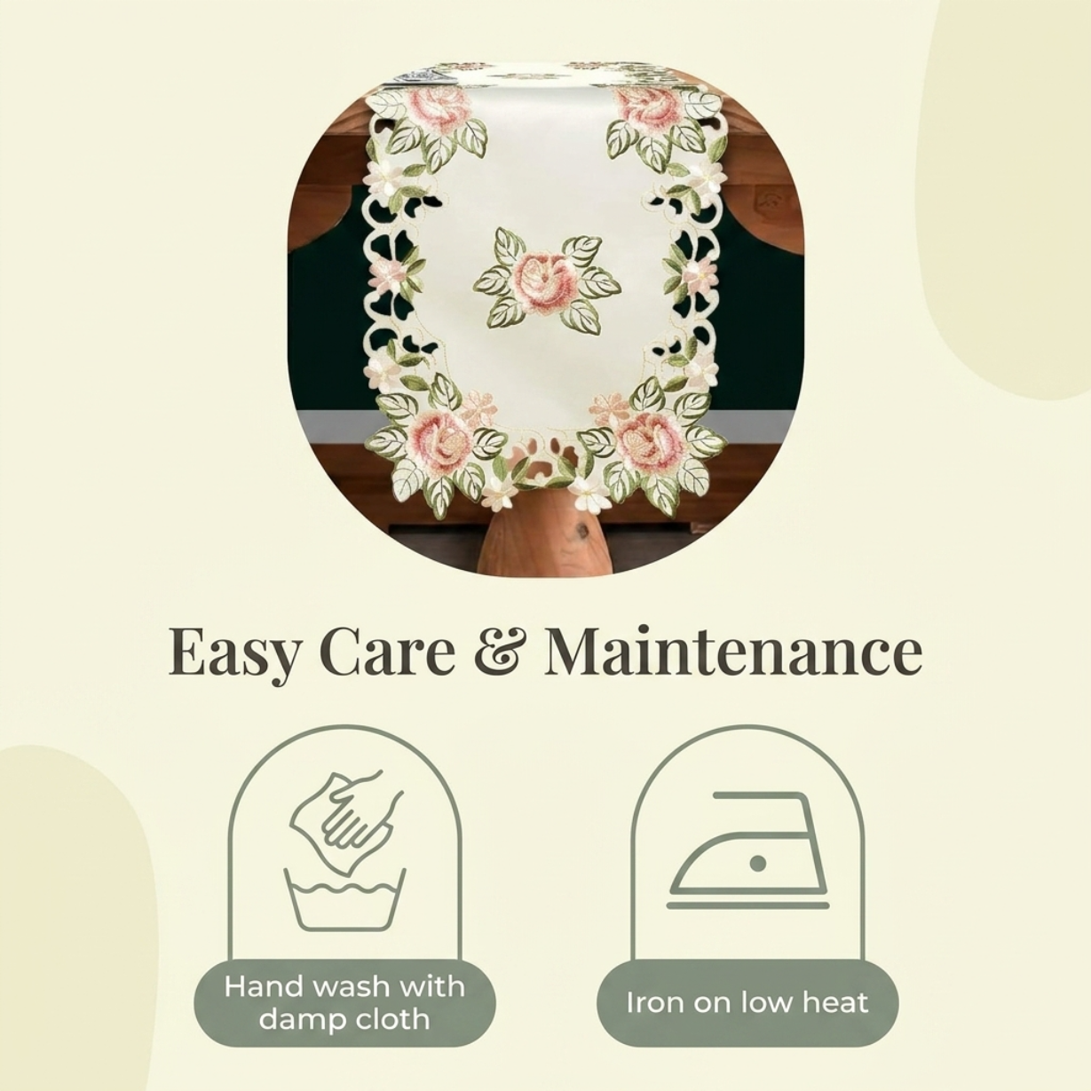 European Embroidery Table Runner – Cream Vintage Linen for Dining Table Decor