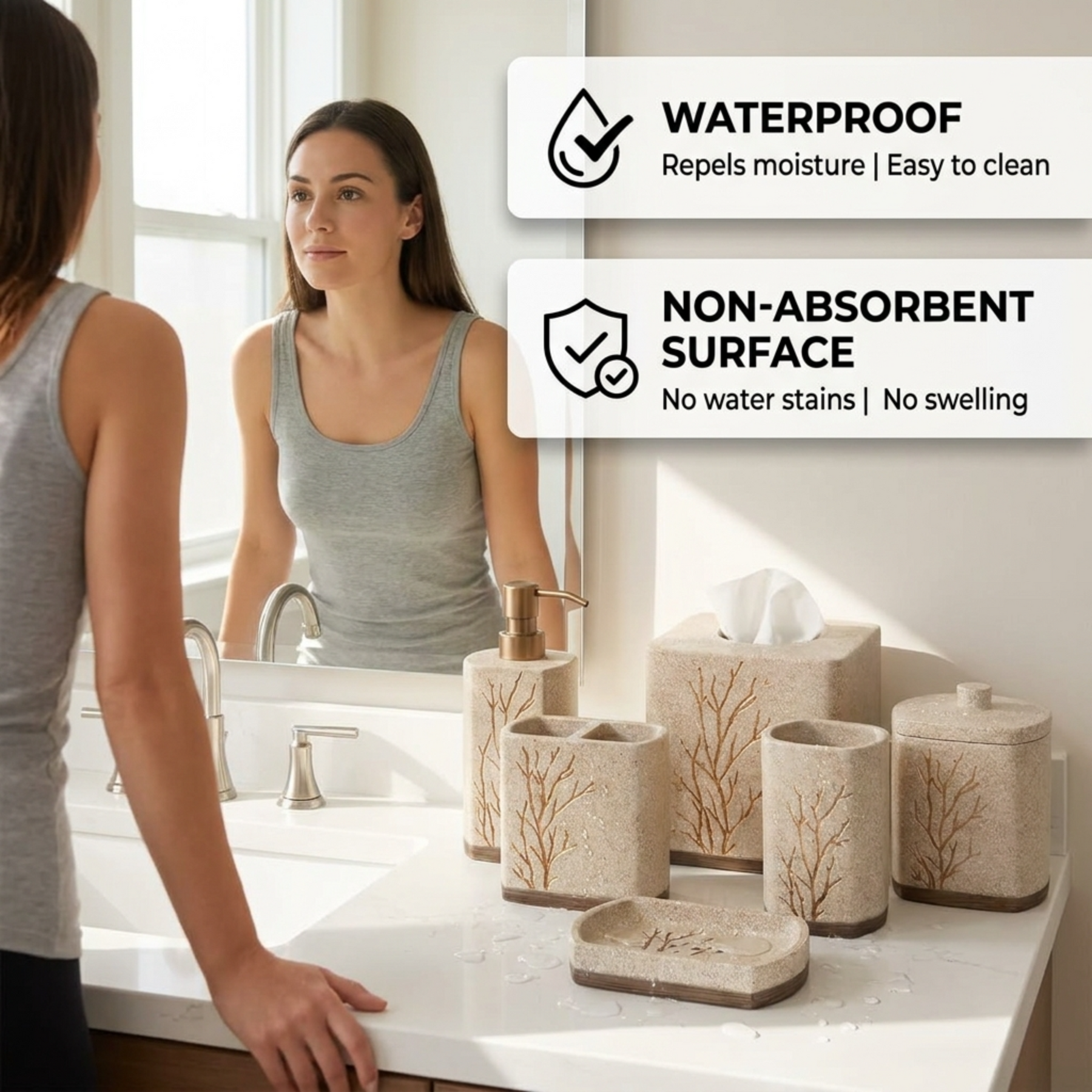 Modern bathroom decor accessories set of 6 from The Kent Essence Collection by AH11336, featuring sleek, elegant bath accessories.