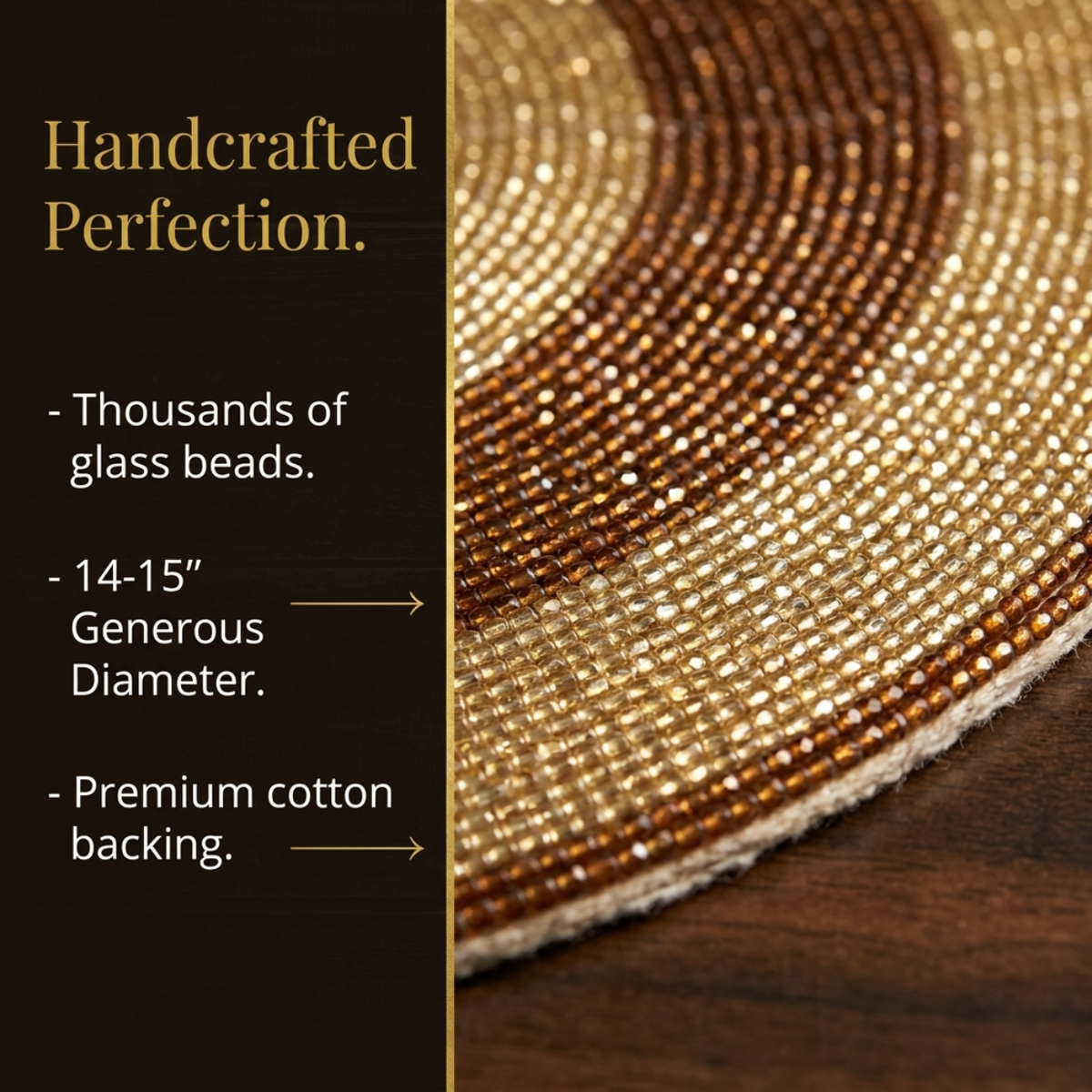 Beaded Placemats – Round Handmade Table Mats with Embroidered Glass Beads, 14 Inch