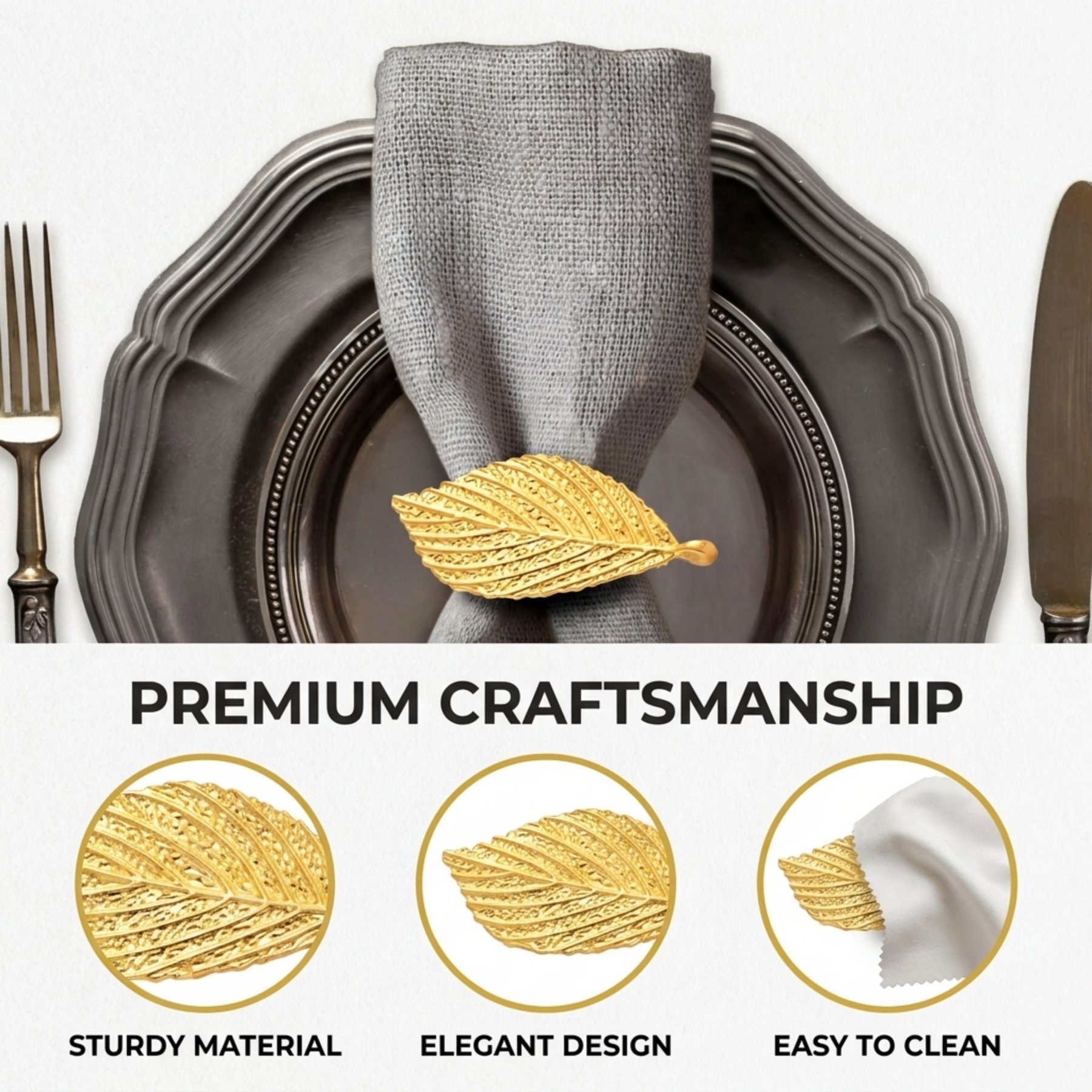 Gold leaf napkin rings by YGC-001, elegant decorative tableware for stylish dining settings.