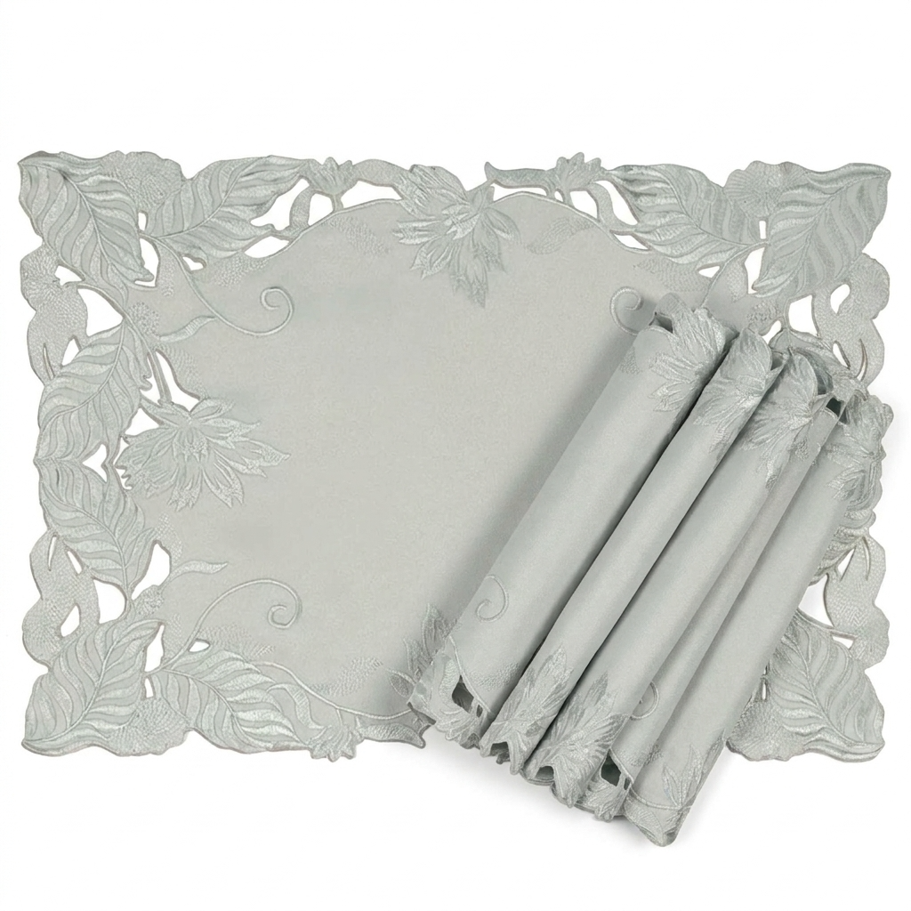 European Embroidered Placemats - Rustic Gray Table Mats 14x20 Inch for Indoor Outdoor