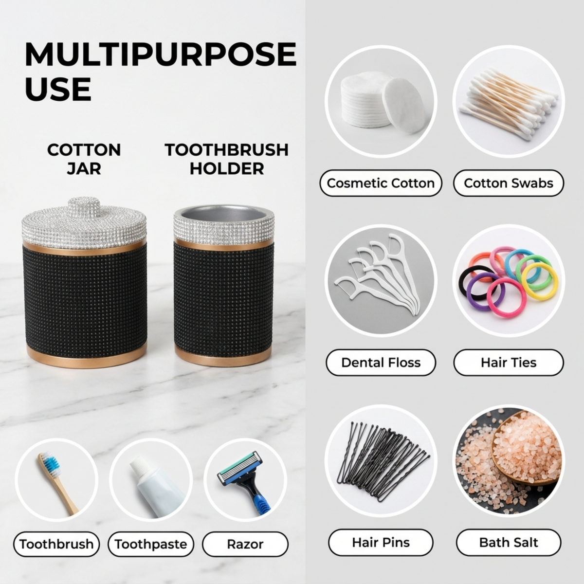 The image is a collage of various items, including a toothbrush holder, cotton jar, cotton swabs, dental floss, hair ties, razor, hair pins, and bath salt, all labeled as multipurpose use products.