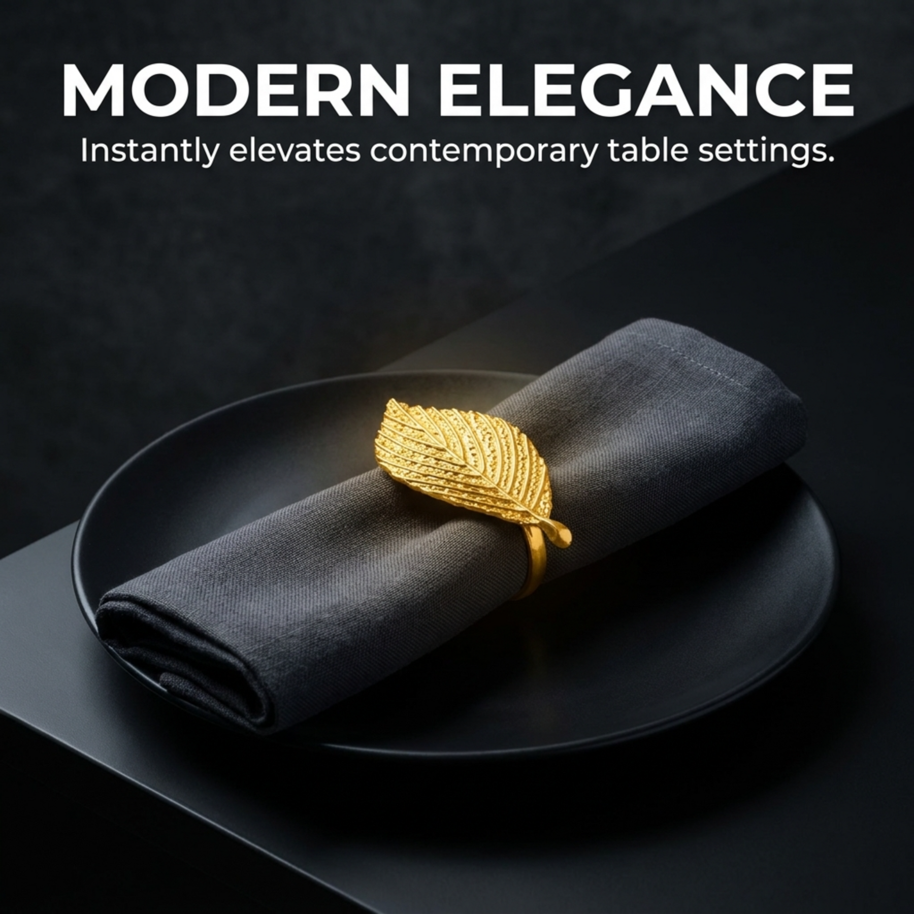 Golden Leaf napkin rings by YGC-001 featuring elegant gold leaf design for decorative dining table setting.