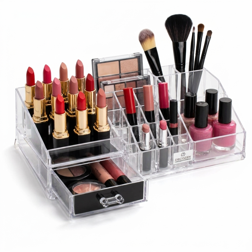 Clear Makeup Organizer - Acrylic Cosmetic Storage Box with 19 Slots & Drawer