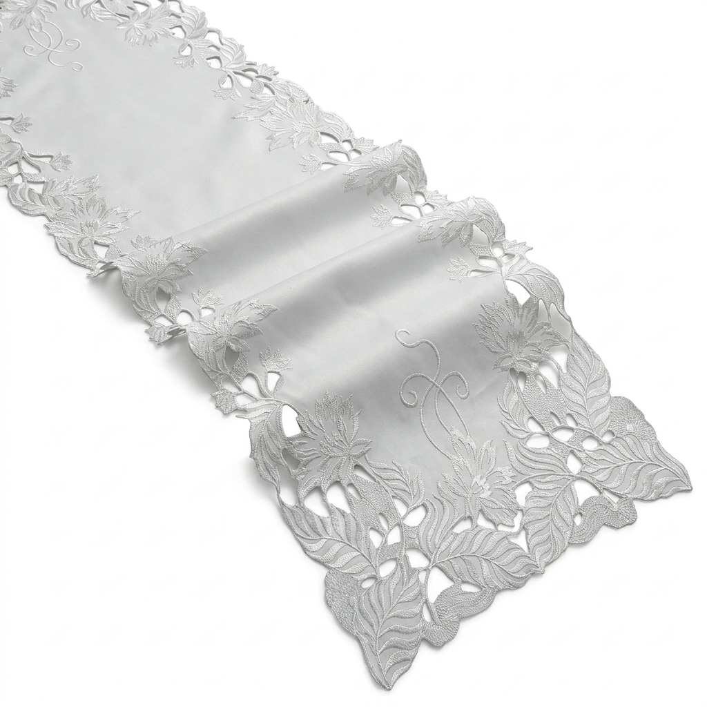 European Embroidered Table Runner - Gray Rustic Dining Linen Decor 14x108 Inches