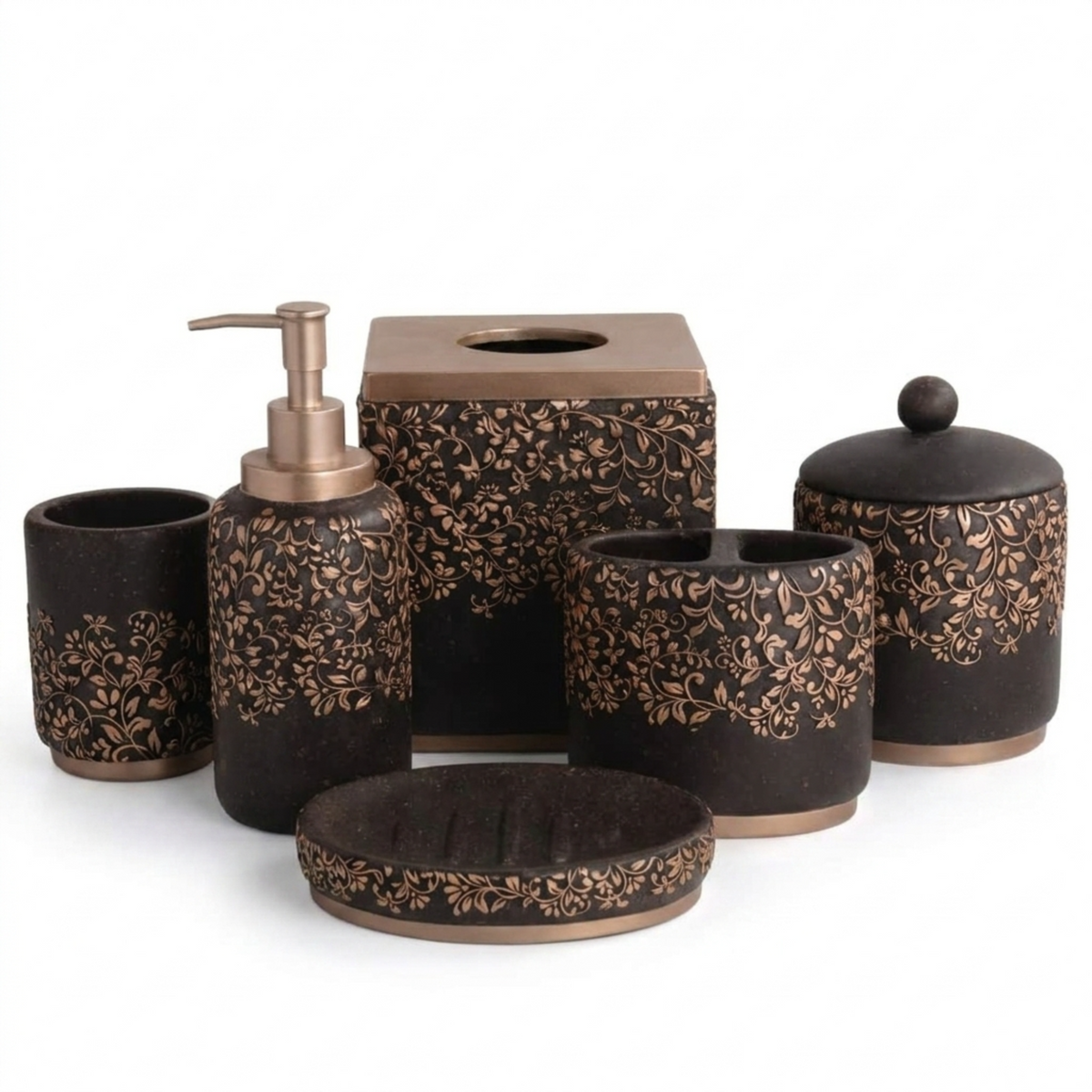 Set of six modern bathroom décor accessories from the Stella Collection by AH8312, including soap dispensers and holders.