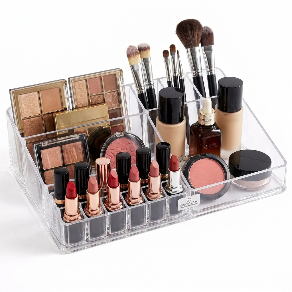 Clear Makeup Organizer - Acrylic Cosmetic Holder with 21 Slots & Lipstick Storage