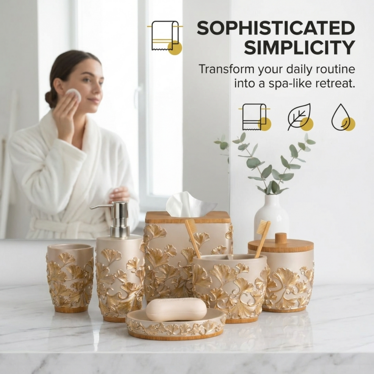 Set of six Valencia Collection modern bathroom décor accessories by AH7011, including soap dispensers, trays, and holders.