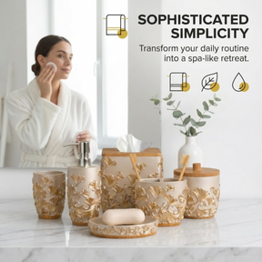 Set of six Valencia Collection modern bathroom décor accessories by AH7011, including soap dispensers, trays, and holders.