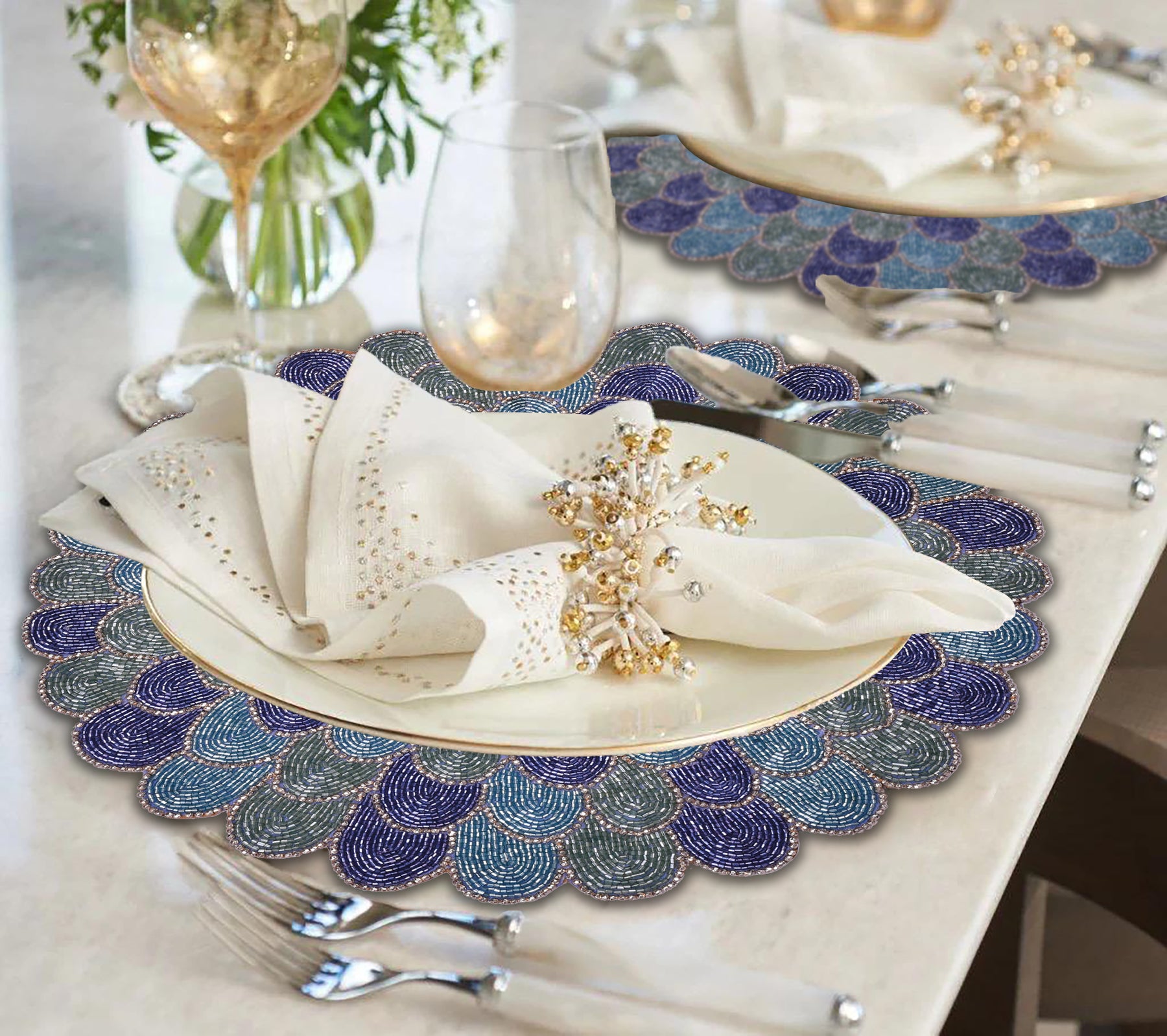 Ocean Mist – Round Beaded Placemats in Blue Green, Elegant Heat Resistant Dining Table Décor 15 inch - Decozen
