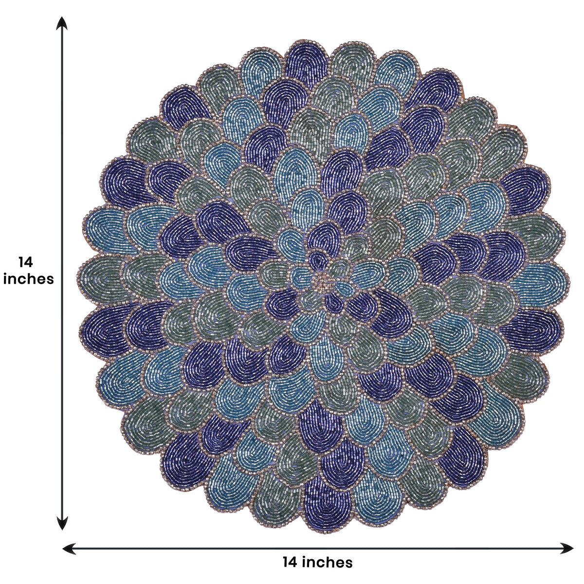 Set of 2 Ocean Mist round beaded placemats in blue green, embroidered, heat-resistant table décor, 15 inches diameter.