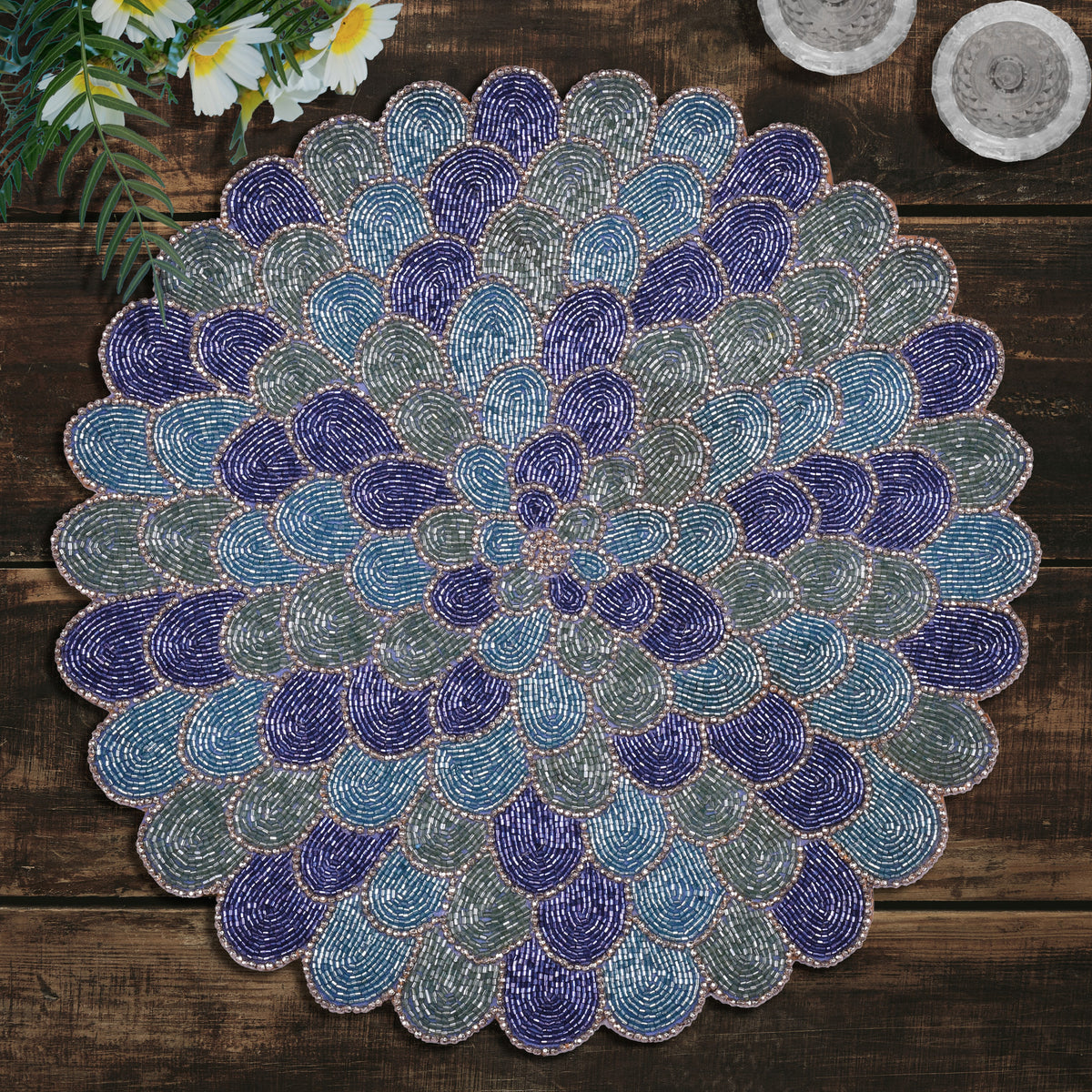 Ocean Mist – Round Beaded Placemats in Blue Green, Elegant Heat Resistant Dining Table Décor 15 inch - Decozen