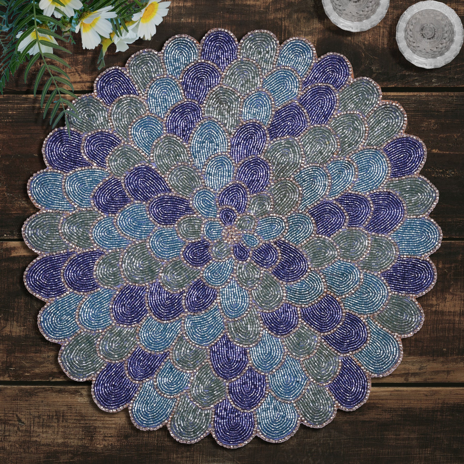 Ocean Mist – Round Beaded Placemats in Blue Green, Elegant Heat Resistant Dining Table Décor 15 inch - Decozen