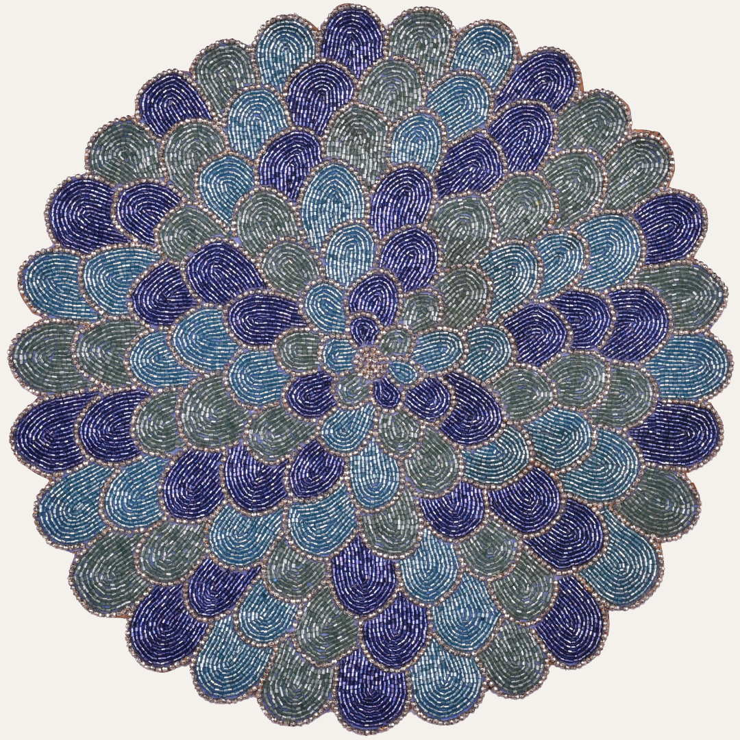 Ocean Mist – Round Beaded Placemats in Blue Green, Elegant Heat Resistant Dining Table Décor 15 inch - Decozen