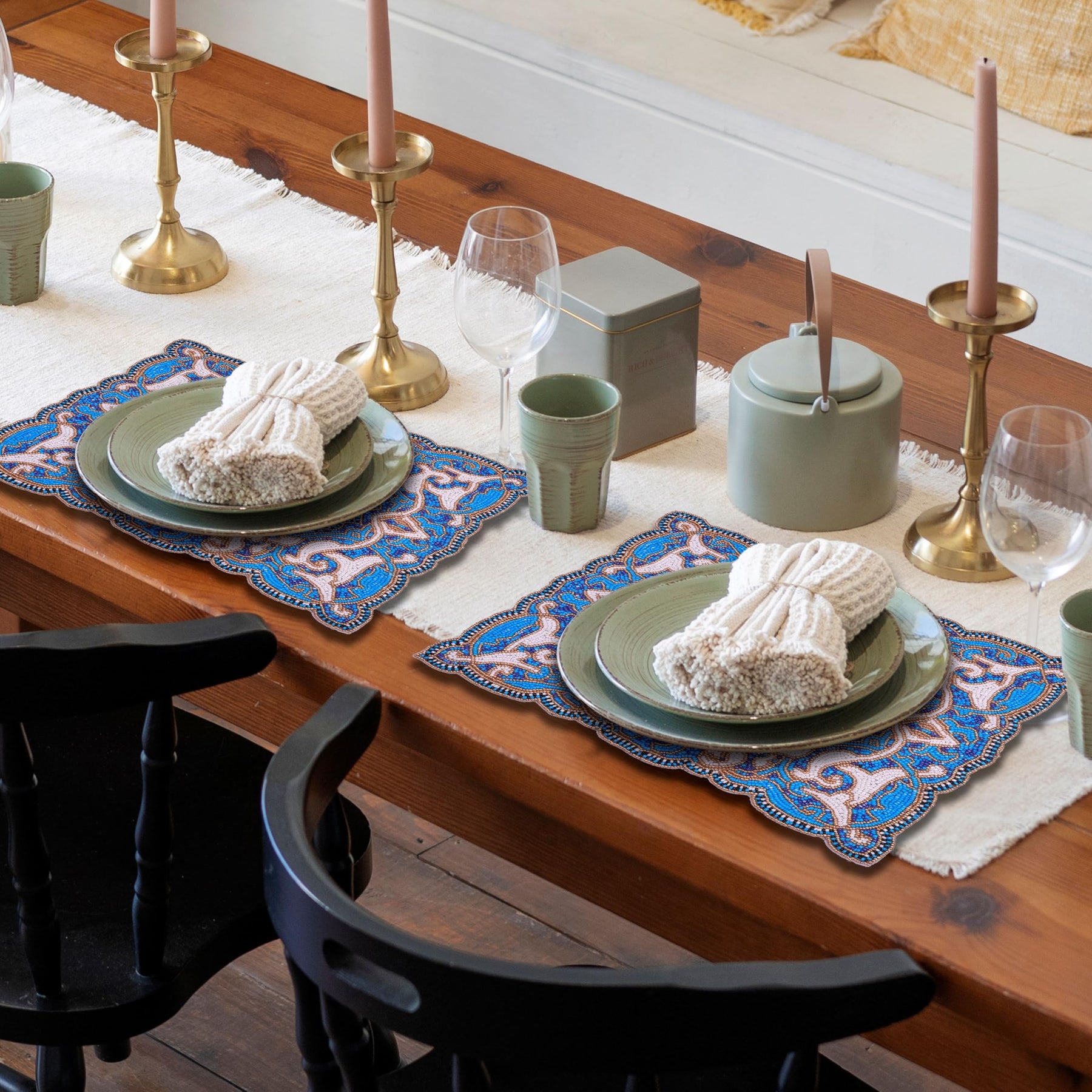 Azure Glow – Beaded Placemats in Blue White, Artistic Heat-Resistant Dining Table Décor 12*16 inch - Decozen